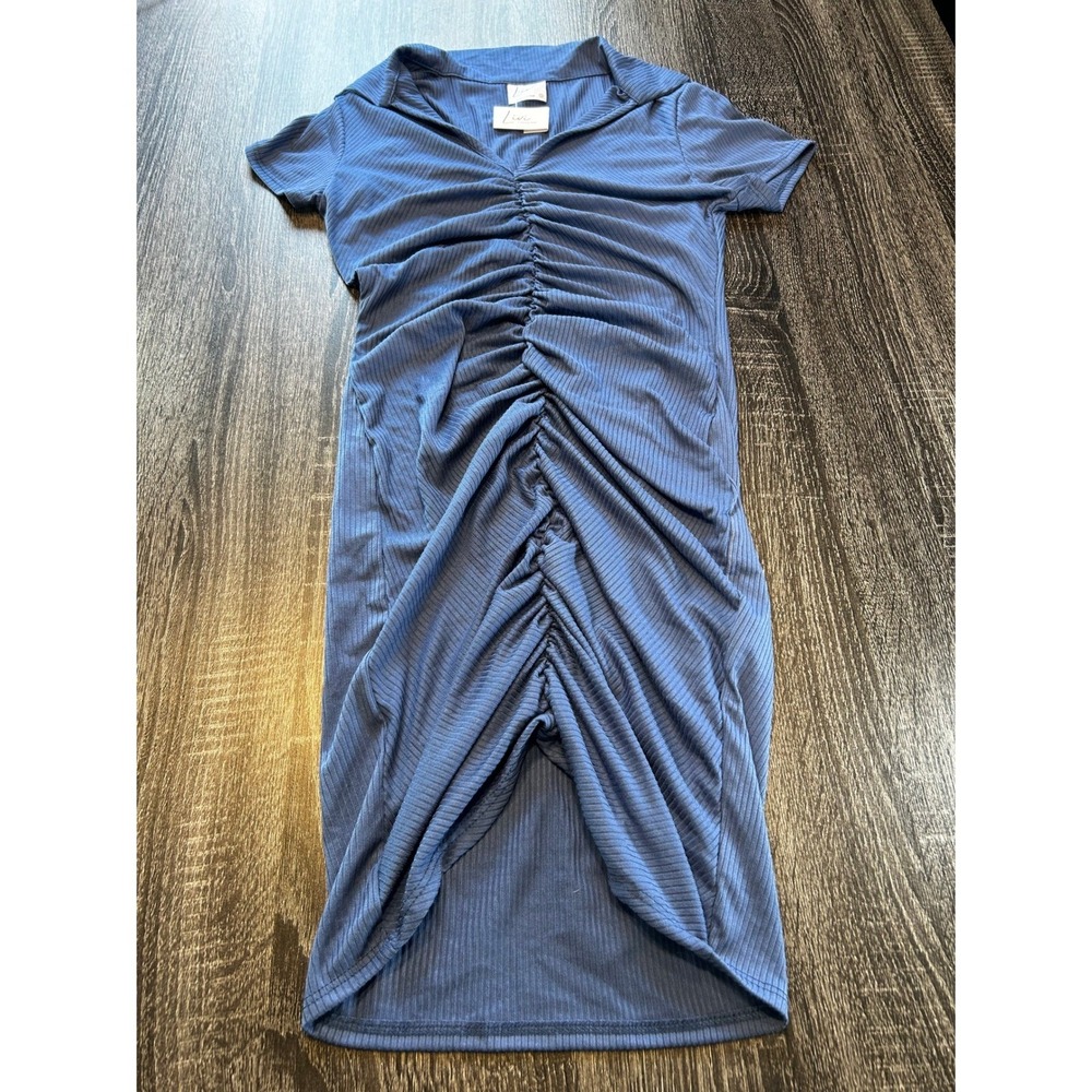 NWT Livi‎ by Olivia Rae Ruched Rib Knit Midi Dress Blue Short Sleeve Sz S